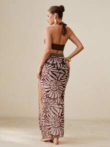 Swim Oasis Conjunto de 3 piezas de bikini y vestido de playa elegante de mujer con tela brillante marrón, tirantes cruzados y estampado jacquard, para vacaciones de verano - Marrón - Ver 3