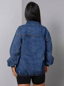 SHEIN SXY 女士纯色半拉链领休闲套头长袖牛仔夹克外套 - 深色水洗藍 - 查看 2