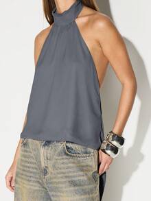 KIZN Áo ba lỗ cổ yếm hở lưng, áo cánh không tay cổ cao hở lưng, thời trang mùa hè - Màu xám đen - Xem 6