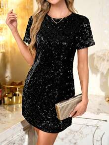 SHEIN Clasi 女士优雅亮片迷你连衣裙，闪亮夺目，适合派对、圣诞节、新年等场合 - 黑色 - 查看 10