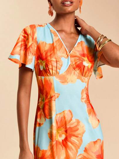 Travachic Women's Floral Print V-Neck Flutter Sleeve Cinched Waist Vacation Dress, Summer,Vacation Casual Terno Outfit For Women,Summer Holiday Outfits,Spring Break Outfits,Party Outfit,Beach Outfit,Spring Clothing,Valentine's Day,Valentine Outfits For Women,Carnival Costume,Elegant,Floral,Carnival,Spring To Summer ,Party ,Summer Dress,Valentine's Day Dress,Wedding Guest Dress For Women,Birthday Dress,Party Dress,Elegant Dresses For Women,Floral Dress,Summer Dress,Carnival Costume, Mexican Style Dress Women Boho Dress For Women