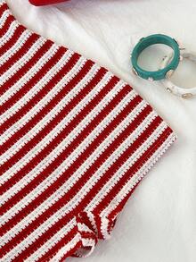 Elamini 女士红色条纹针织提花面料系带露背连体裤，饰有搭扣，优雅可爱，适合春夏度假、海滩、购物、约会和日常穿着。 - 紅色 - 查看 4