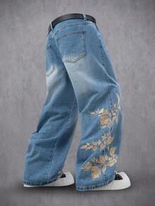 Manfinity Denimwave 秋冬季年轻街头风水洗蓝色直筒宽松花卉植物刺绣牛仔裤 - 藍色 - 查看 2