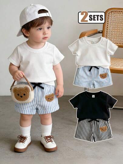 SHEIN Playful Pals 4pcs Baby Boy Set: White & Black Round Neck Short Sleeve T-Shirt, Blue Striped & Black Striped Shorts