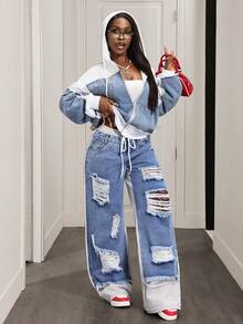 Slaydiva Women's Casual Everyday Commute Fashion Street Drawstring Waist Distressed Contrast Color 2 In 1 Loose Wide Leg Jeans - Blue - View 7