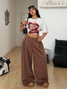 Coolane Quần ống rộng xếp ly kẻ sọc cỡ lớn, kiểu dáng thường ngày. - Màu nâu  Mocha - Xem 6