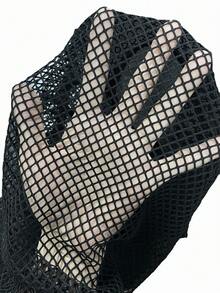 Breakform 女士哥特风性感纯色针织圆领菱形网眼拼接前片装饰弹力绳镂空饰边修身背心 - 黑色 - 查看 8