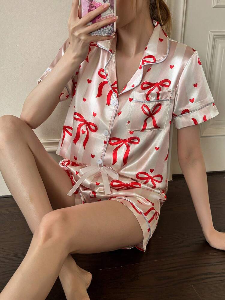 Dream Adore 两件套女士领结条纹印花口袋短袖短裤睡衣套装，春夏秋季 - 彩色 - 查看 6