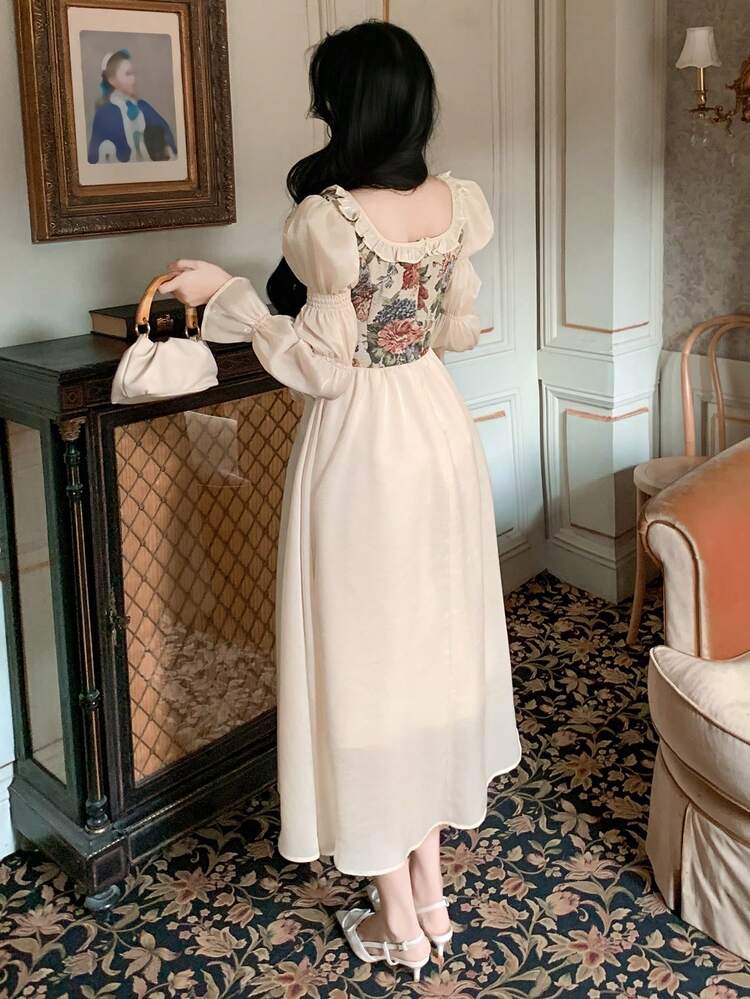 Women's Elegant Floral Patchwork Frill Trim Long Dress, Spring/Summer Wedding Guest Dress Sun Dresses For Women