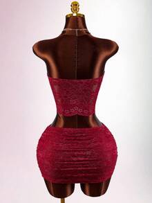 Amplova Women's Fishbone Lace 2-Piece Sexy Crop Top And Mini Skirt Set, Fashionable Outfit Suitable For Valentine's Day Date, Revealing Bandeau Top - Burgundy - View 2