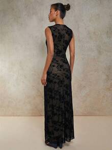 COSMINA 女士黑色植绒蕾丝无袖修身连衣裙，休闲优雅度假派对晚礼服 - 黑色 - 查看 2