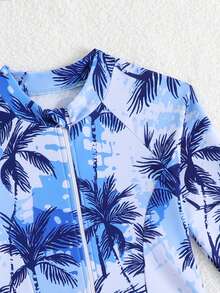 Sparklyn Young Girl Summer Vacation Beach Coconut Tree Print Zipper Half-Open One-Piece Swimsuit - Baby Blue - View 4