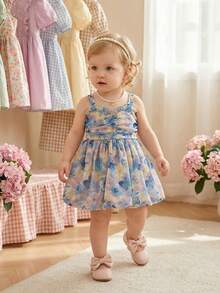 SHEIN Newly Launched Baby Girl's Dress With Flower Digital Print, Suspenders, A Cinched Waist And An Umbrella-Shaped Skirt! It's Comfortable, Fashionable, Outing, Elegant, Sweet, Lovely And In Princess Style, A Must-Have For Daily Wear And . - Blue - View 2