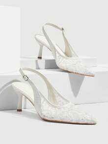 CUCCOO SZL 女士尖头高跟鞋，金属链条装饰，网眼鞋面，性感红色内衬，优雅露跟设计，不对称鞋跟凉鞋 - 白色 - 查看 2