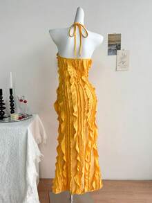 Franclia Women's Elegant Golden Yellow Summer Vacation Casual Fitted Jacquard 3D Knitted Striped Halter Dress,Suitable For Party,Date,Cruise,Beach,Music - Khaki - View 2