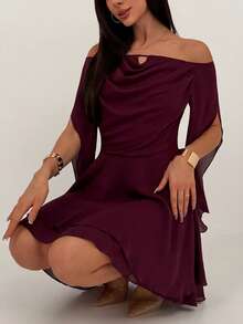 Aloruh 梅紫色浪漫约会音乐节系带长袖收腰雪纺荷叶边迷你连衣裙（女款） - 中紫紅色 - 查看 6