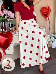 Vionelle Women's Elegant Polka Dot Knitted Short Sleeve Crop Tee And Skirt Two Piece Set - Burgundy - View 5