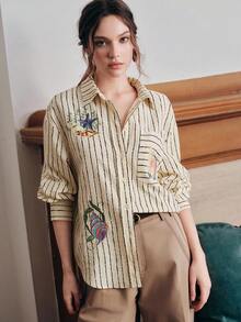 Anewsta Vintage Striped Shell & Starfish Embroidered Loose Long Sleeve Shirt - Khaki - View 1