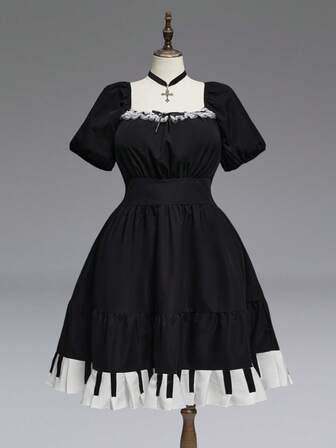 Grunge Punk Vestido de talle ceñido con parche de teclado de piano vintage estilo Y2K para mujer de talla grande