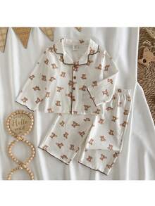 Loomiva Conjunto de 2 piezas de cardigan de punto suave con cuello y pantalones de cintura elástica con estampado de oso de dibujos animados para bebé niño - Caqui - Ver 9