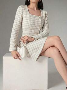 Heiryn 优雅粗花呢长袖连衣裙，通勤必备 - 彩色 - 查看 2