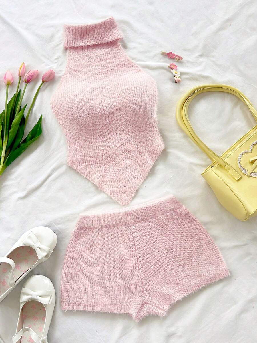 Soleia 2 Stücke Damen Pullunder Set mit hohem Kragen und einfarbig - Pink - Übersicht 1