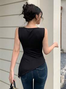 Modelyn Women's Black Sleeveless Hollow-Out Metal Buckle Casual Tank Top, Spring/Summer - Black - View 2