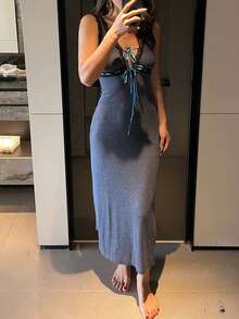 DAZY Camisón largo para mujer con cintura ceñida, decoración de cinta de contraste y parches de encaje cautivadores sin mangas - Gris Oscuro - Ver 7