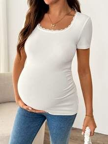 SHEIN Maternity Casual Contrast Lace Round Neck Fitted Short Sleeve T-Shirt, Summer - White - View 5