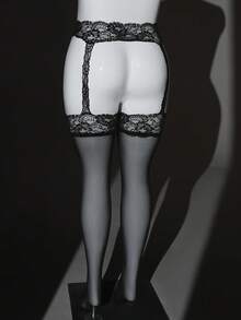 ChaseTheNight Plus Size Sexy Black Lace Garter Stockings, Elegant Wide Lace Design, Perfect For Night Life Attraction, Lingerie For Women,Sexy,Valentine's Day,Sexy Lingerie, Suspender Stockings Stockings Thigh High - Black - View 2