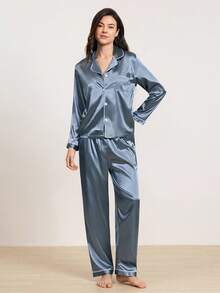 2 件套女士纯色缎面睡衣套装，长袖有领衬衫和长裤家居服，适合家居服、秋冬装、秋季服装 - 彩色 - 查看 3