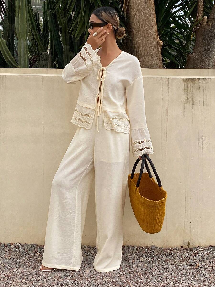 DAZY Ensemble 2 pièces chemise élégante en dentelle avec liens et pantalon large pour femmes, printemps/été - Nude - Voir 1