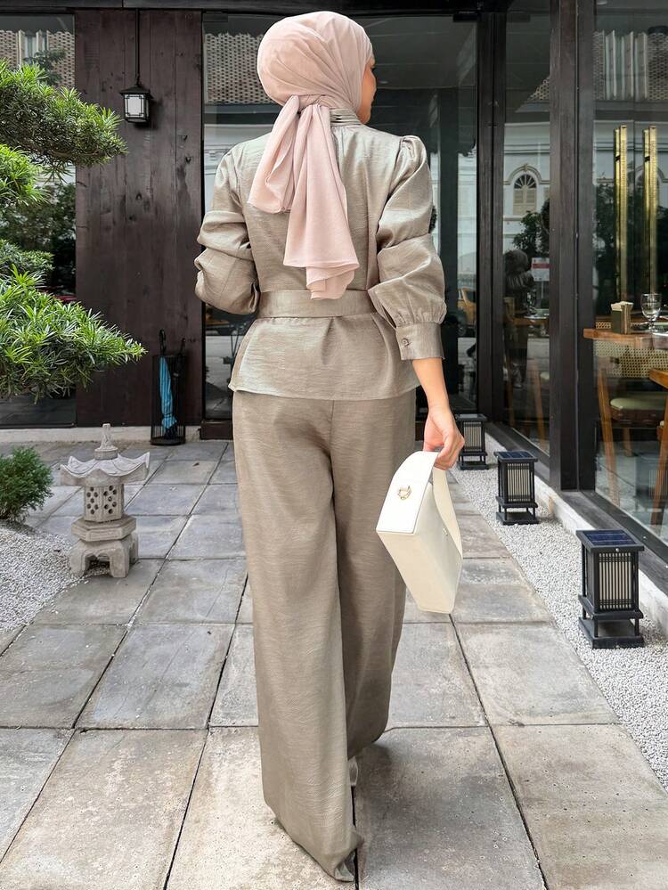 Women's Elegant Solid Color Collared Belted Shirt And Wide Leg Pants 2 Pieces Set, Spring/Summer