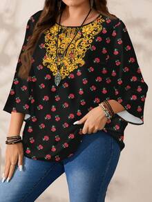 EMERY ROSE 大码女式休闲复古印花宽松圆领七分袖衬衫，黑色 - 彩色 - 查看 6