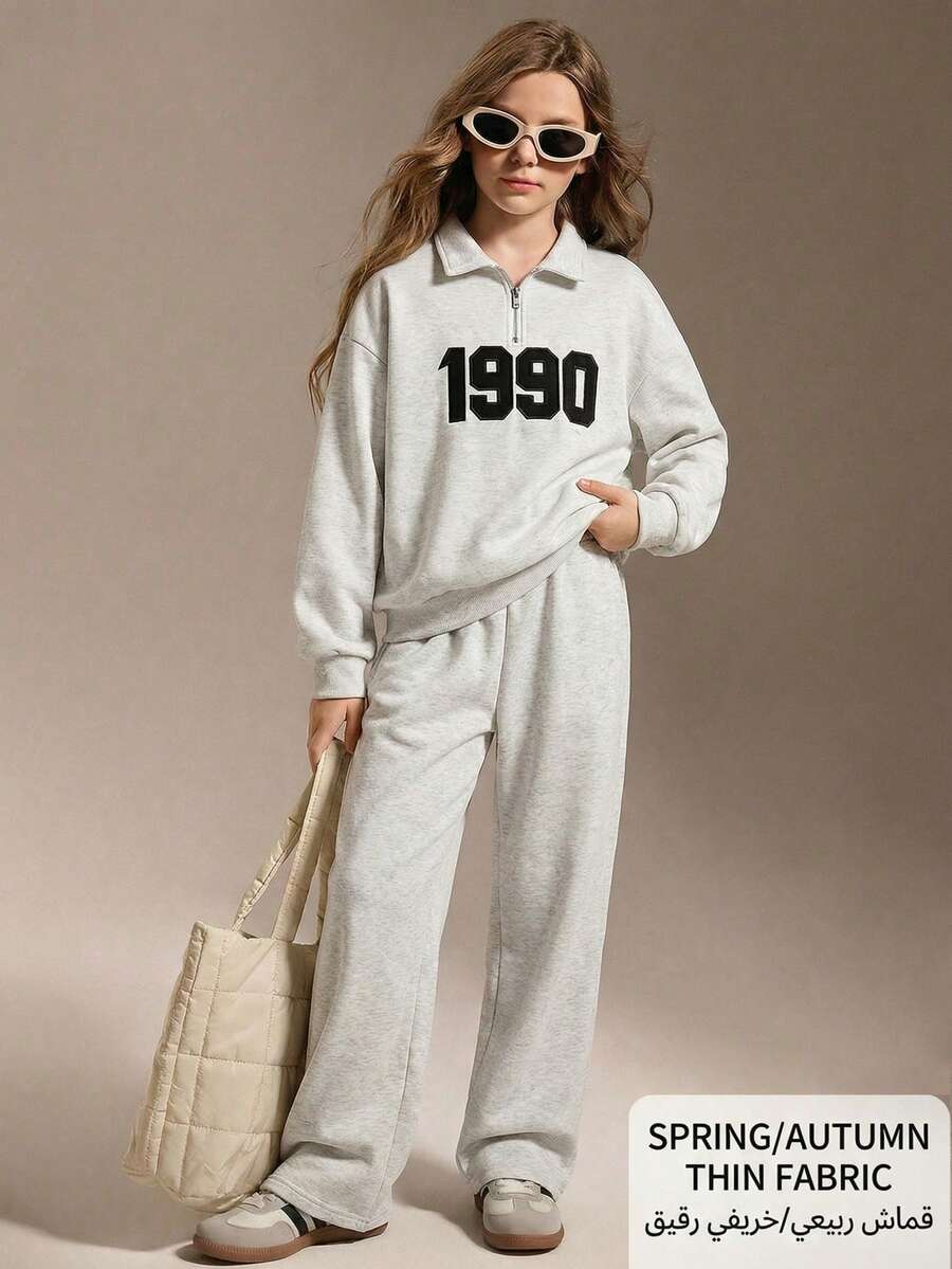 SHEIN 少女休闲街头风刺绣字母“1990”复古红色文字街头服饰Polo衫 - 灰色 - 查看 1