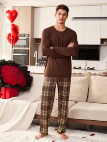 Men's Casual & Comfortable Plaid Print Button Crew Neck Long Sleeve Knit Loungewear Set, Suitable For Couples/Valentine's Day