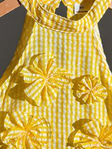 Toddler Blue & White Striped Halter Top & 3D Flower Long Pants T-Shirt Set, Suitable For Travel, Vacation, And Daily Wear - Yellow - View 6