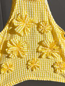 Toddler Blue & White Striped Halter Top & 3D Flower Long Pants T-Shirt Set, Suitable For Travel, Vacation, And Daily Wear - Yellow - View 7