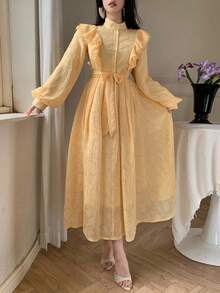 DAZY 女士优雅纯色纹理荷叶边领系带长连衣裙，春夏婚礼宾客礼服 - 黃色 - 查看 8