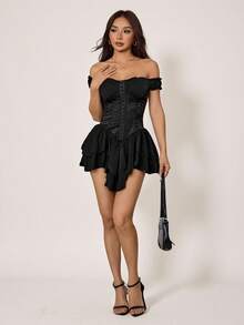 SHEIN PETITE Women's White Ruched Jacquard Waist Tie Splice Ruffle Trim Off Shoulder Layered Ruffle Hem A-Line Chiffon Mini Dress, Elegant For Party & Casual,Party Dresses For Women - Black - View 6