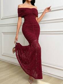 Modelyn Đầm ren trễ vai xếp ly ôm sát dáng đuôi cá thanh lịch dành cho nữ - Màu Đỏ Sâu - Xem 4