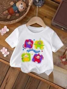 Teletubbies X SHEIN Baby Girl Casual Everyday Commute Cute Cartoon Letter Print Short Sleeve White T-Shirt - White - View 1