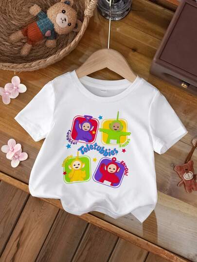 Teletubbies X SHEIN Baby Girl Casual Everyday Commute Cute Cartoon Letter Print Short Sleeve White T-Shirt