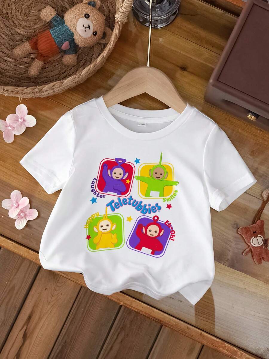 Teletubbies X SHEIN Baby Girl Casual Everyday Commute Cute Cartoon Letter Print Short Sleeve White T-Shirt - White - View 1
