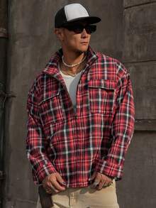 DAZY Spring Red Plaid Fabric Loose Men's Shacket Vacation - Red - View 4