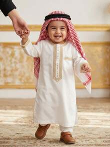 SHEIN Baby Boys' Spring Geometric Pattern Long Loose Robe With White Pants, Suitable For Outings, Visiting Family And Friends, And Attending Gatherings And Celebrations  Baby Boy Baby Arabic Clothing Baby Boys Wedding Outfit Baby Boy Casual Set  Islamic Baby Clothing Baby Boy Muslim Outfit Baby Boy Arab Dress Baby Boy Kurta Muslim Baby Boy Clothes Baby Boy White Thobe Baby Boy Middle Eastern Attire