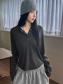 DAZY Women's Retro Minimalist Striped Slim Fit Hoodie T-Shirt, Versatile Design Long Sleeve - Dark Grey - View 8