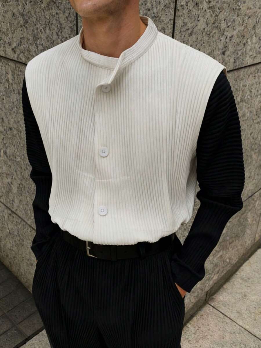 Manfinity Dauomo 男士休闲前开襟撞色长袖上衣 - 黑與白 - 查看 1