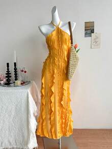 Franclia Women's Elegant Golden Yellow Summer Vacation Casual Fitted Jacquard 3D Knitted Striped Halter Dress,Suitable For Party,Date,Cruise,Beach,Music - Khaki - View 3