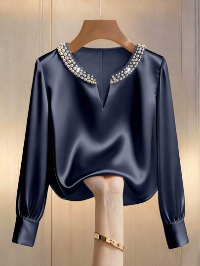 Franclia Women's Champagne Elegant V-Neck Pearl Decor Long Sleeve Blouse, Satin Fabric, Suitable For Commuting And Everyday Elegant Wear